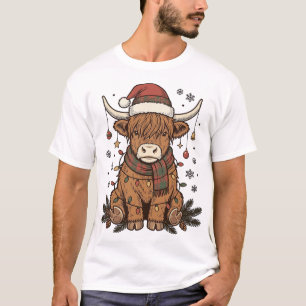 Christmas Highland Cow Vintage Engraving Design 2_ T-Shirt