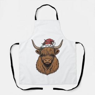 Christmas Highland Cow Vintage Engraving Santa Hat Apron