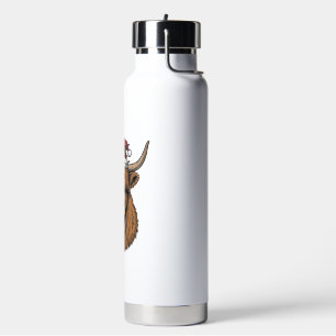 Christmas Highland Cow Vintage Engraving Santa Hat Water Bottle