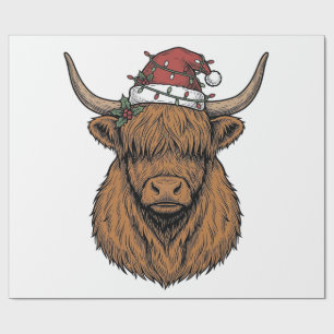 Christmas Highland Cow Vintage Engraving Santa Hat Wrapping Paper