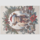 Christmas Highland Cow Vintage Wreath Decoupage Tissue Paper<br><div class="desc">Cottagecore aesthetic Christmas decoupage paper with a charming Highland cow calf with a Santa hat framed in a vintage lodge style wooden frame of pine boughs and pine cones with Holly berries and a Poinsettia flower dusted by snow. Vintage distressed, crackled image with script handwriting ephemera that softly overlays the...</div>