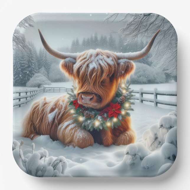 Christmas Highland Cow Wearing a Wreath Paper Plate (Front)