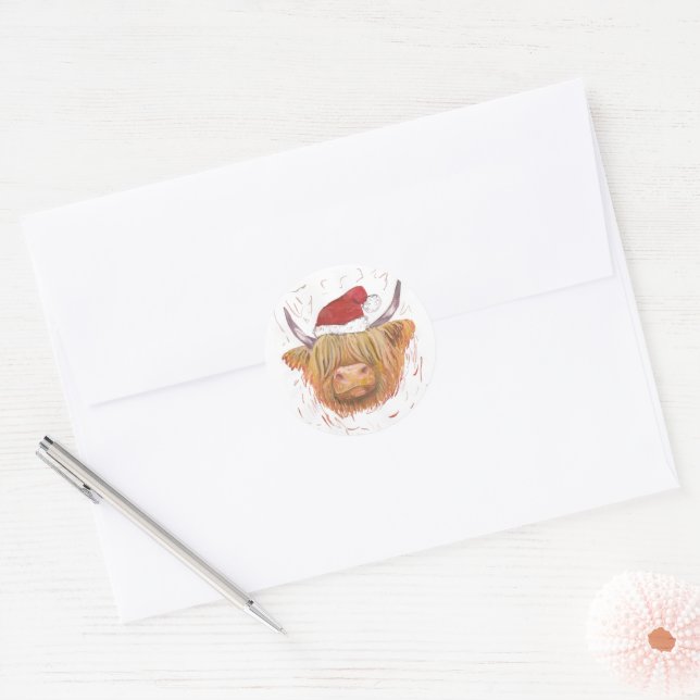 christmas highland cow wearing red santa hat classic round sticker (Envelope)