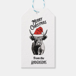 Christmas Highland Cow with Santa Hat Gift Tags