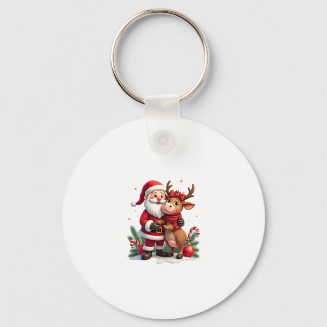 Christmas Highland Cow With Santa Scottish Vintage Keychain (Front)
