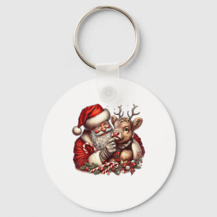 Christmas Highland Cow With Santa Scottish Vintage Keychain