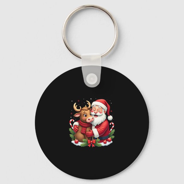 Christmas Highland Cow With Santa Scottish Vintage Keychain (Front)