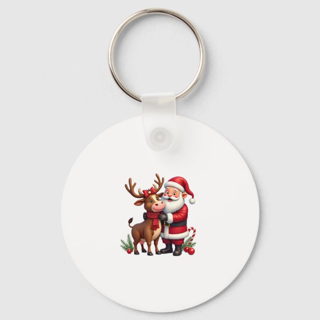 Christmas Highland Cow With Santa Scottish Vintage Keychain (Front)