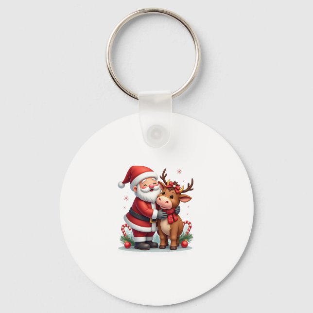 Christmas Highland Cow With Santa Scottish Vintage Keychain (Front)