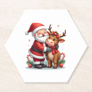 Christmas Highland Cow With Santa Scottish Vintage Paper Coaster
