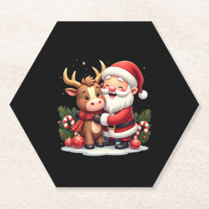 Christmas Highland Cow With Santa Scottish Vintage Paper Coaster