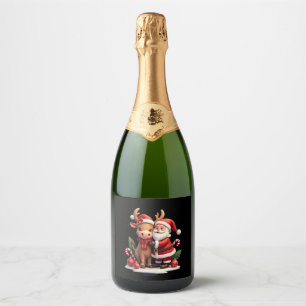 Christmas Highland Cow With Santa Scottish Vintage Sparkling Wine Label