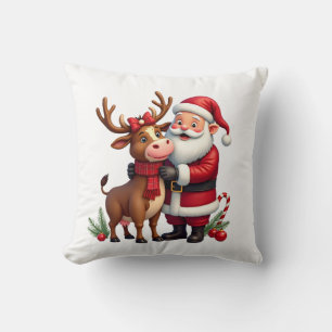 Christmas Highland Cow With Santa Scottish Vintage Throw Pillow