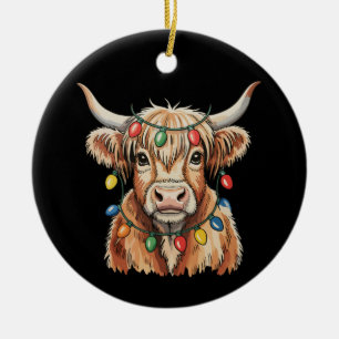 Christmas Highland Cow Xmas Lights Farm Holiday Ceramic Ornament