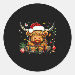 Christmas Highland Cow Xmas Santa Hat Wooly Farm A Classic Round Sticker