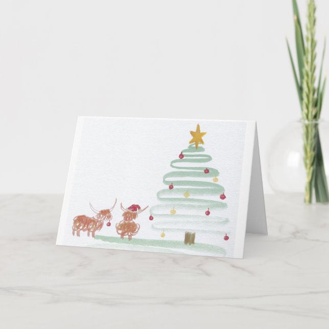 Christmas highland cows decorating tree baubles card (Front)