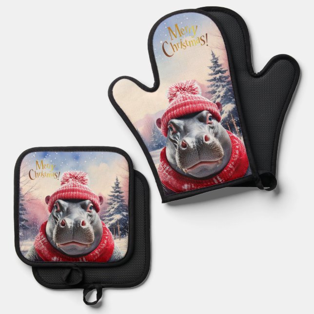 Christmas Hippo Santa hat and scarf Oven Mitt & Pot Holder Set (Front/Back)