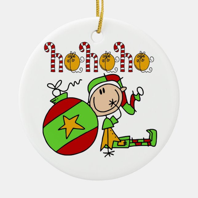 Christmas Ho Ho Holiday Cute Elf Ceramic Ornament (Front)