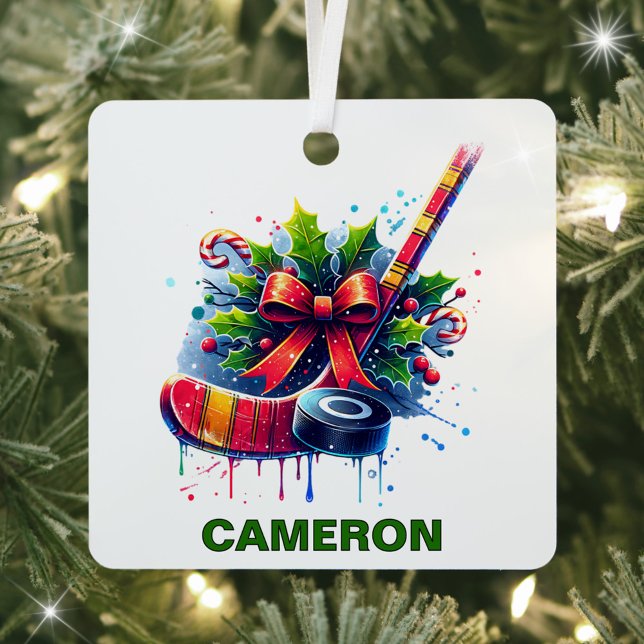 Christmas Hockey Enthusiast Custom Name Metal Ornament (Creator Uploaded)