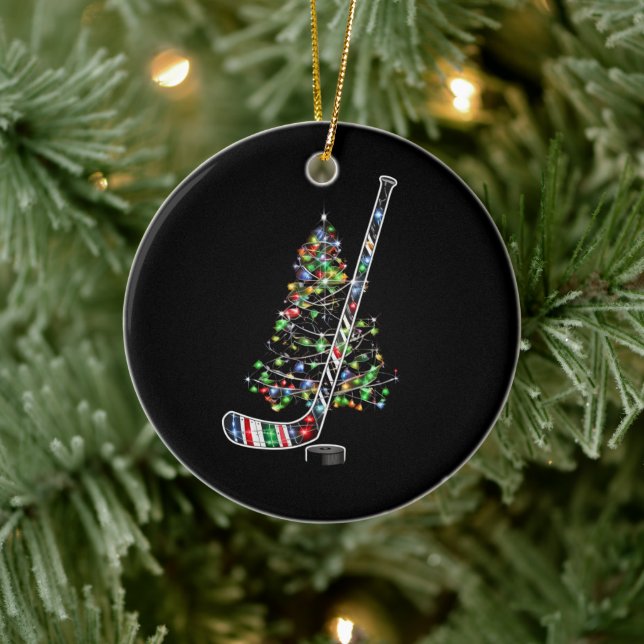 Christmas Hockey Sports Ball Santa Hat Xmas  Ceramic Ornament (Tree)