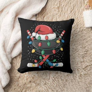 Christmas Hockey Xmas Santa Sports Hat Ball  Throw Pillow