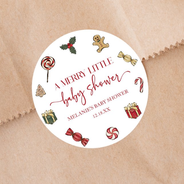 Christmas Holiday A Merry Little Baby Shower Favou Classic Round Sticker (Creator Uploaded)