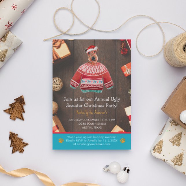 Christmas Holiday Airedale Dog Ugly Sweater Party Invitation (Front)