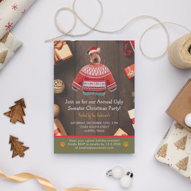 Christmas Holiday Airedale Dog Ugly Sweater Party Invitation (Front)