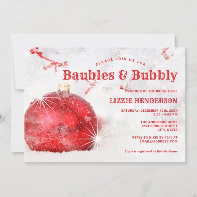 Christmas Holiday Baubles Bubbly Bridal Shower Invitation (Front)