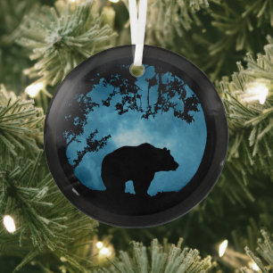 Christmas Holiday Bear and Moon Glass Ornament