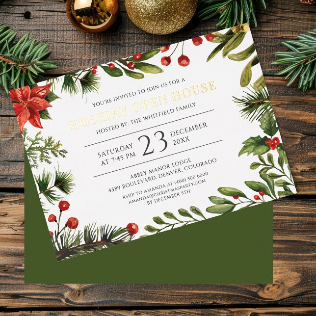 Christmas Holiday Berries Greenery Open House Gold (Christmas Open House Red Berries Mistletoe Party Gold Foil Invitation)