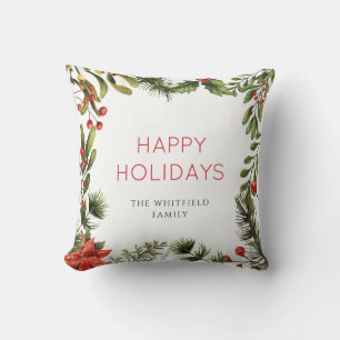 Christmas Holiday Berries Greenery Watercolor Throw Pillow