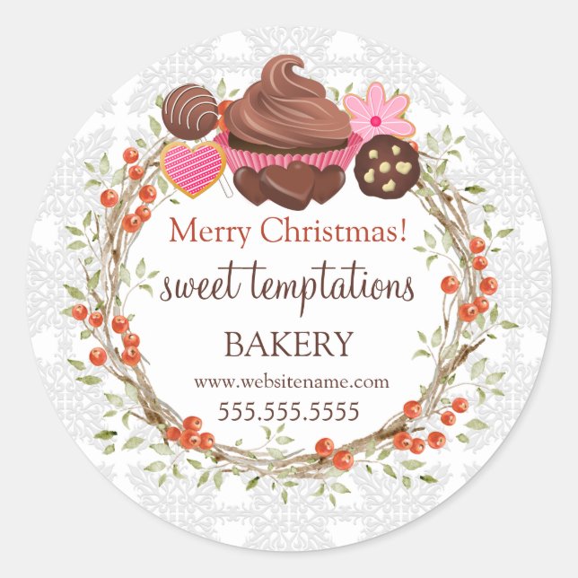 Christmas Holiday Berry Wreath Assorted Desserts Classic Round Sticker (Front)
