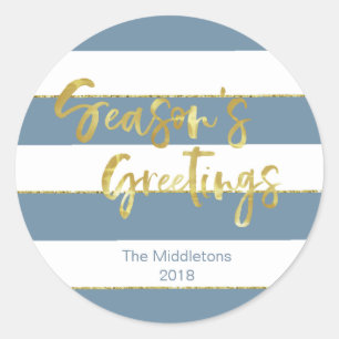 Christmas Holiday Blue  Gold Custom Greeting Classic Round Sticker
