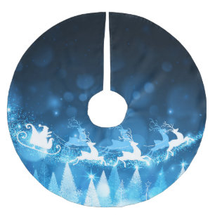 Christmas Holiday Blue Santa and Sleigh Brushed Polyester Tree Skirt
