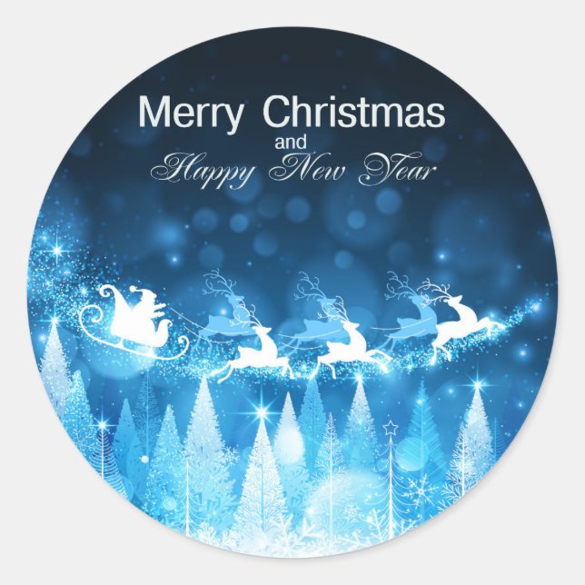 Christmas Holiday Blue Santa and Sleigh Classic Round Sticker (Front)