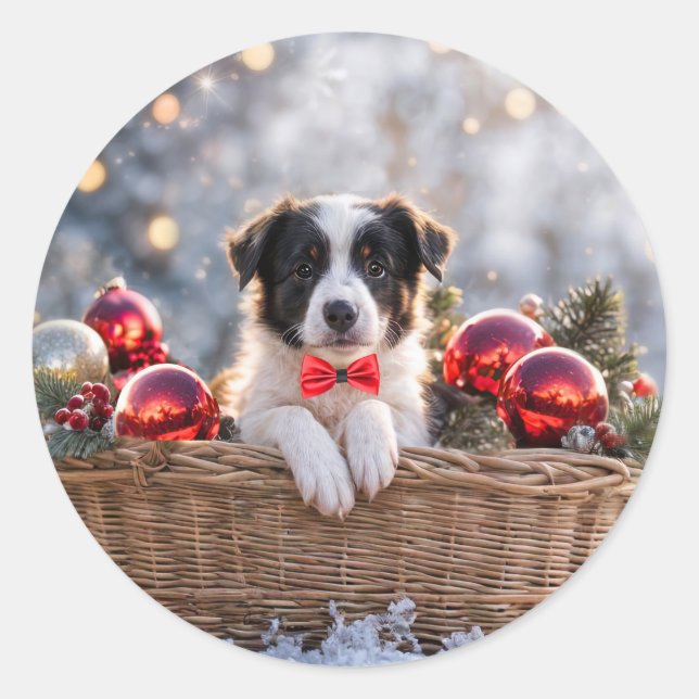 Christmas Holiday Border Collie Puppy Classic Round Sticker (Front)