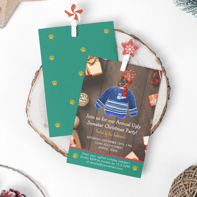 Christmas Holiday Boxer Dog Ugly Sweater Party Invitation (Front and Back)
