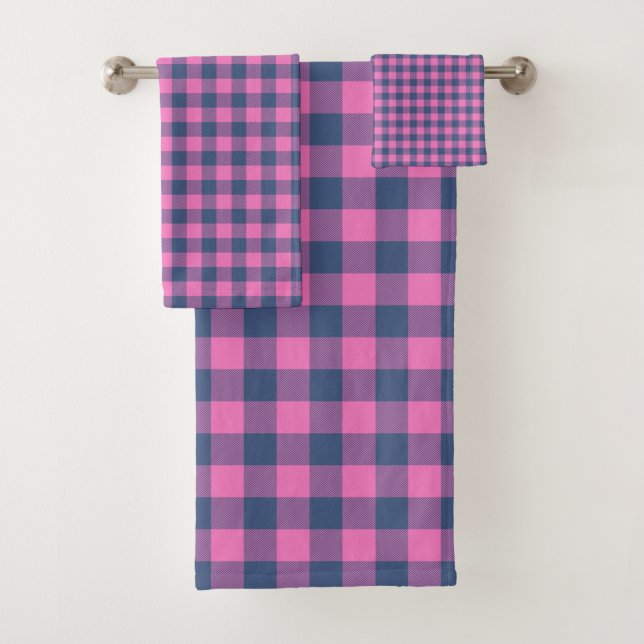 Christmas Holiday Buffalo Plain Pink Blue Pattern Bath Towel Set (Insitu)