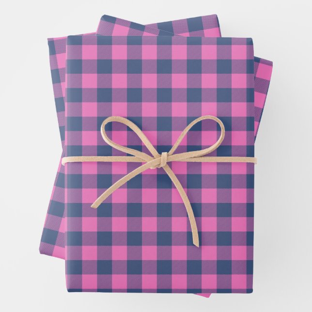 Christmas Holiday Buffalo Plain Pink Blue Pattern Wrapping Paper Sheet (In situ)
