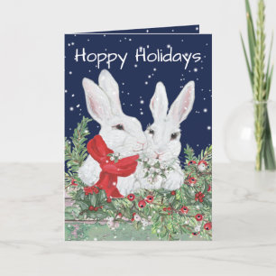 Christmas Holiday Bunny Rabbit Snow Greenery Cute Card