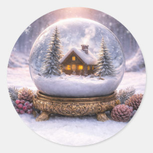 Christmas Holiday Cabin in the Snow Globe Cute Classic Round Sticker