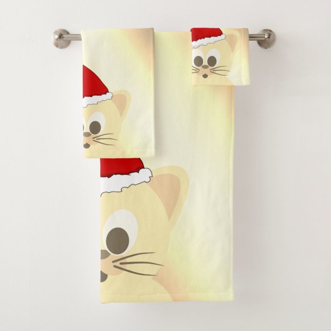 Christmas Holiday-Cat, Santa Hat,Snowflakes Gold Bath Towel Set (Insitu)
