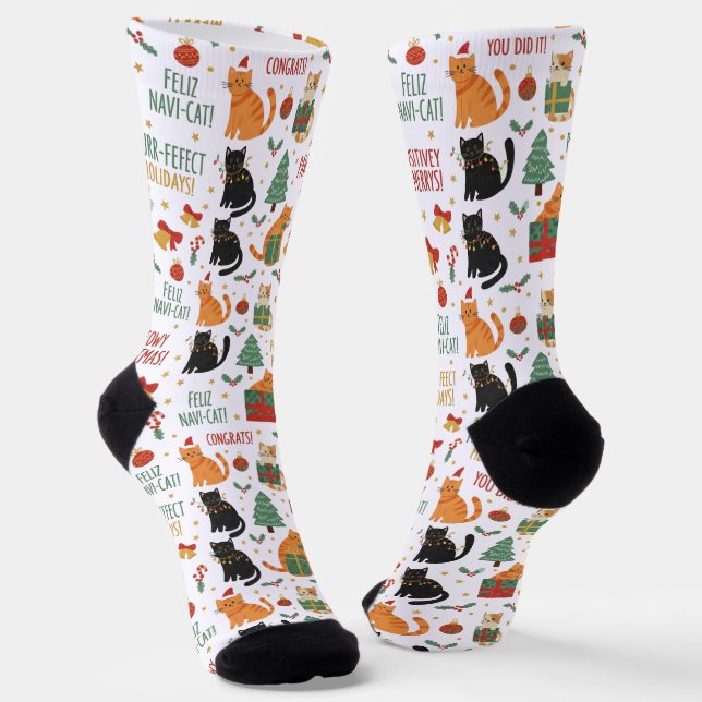 Christmas Holiday Cat Socks For Cat Lovers (Angled)