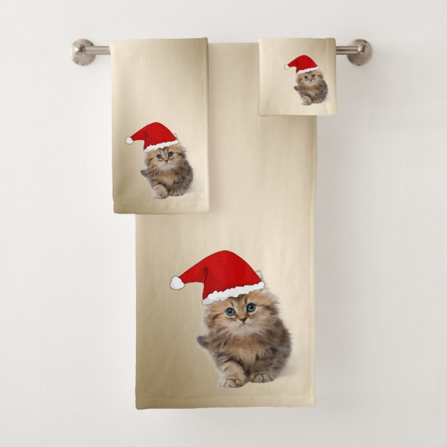 Christmas Holiday-Cat With Santa Hat,Snowflakes Bath Towel Set (Insitu)