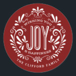 CHRISTMAS HOLIDAY CHALK ART ORNAMENT STICKERS<br><div class="desc">WISHING YOU JOY & HAPPINESS: Bright and cheerful whimsical round chalkboard style Christmas ornament with retro banner, vintage red and white typography, and fancy swirls. Personalize this decorative holiday ROUND label with your family name or custom greeting. Perfect for sealing envelopes or as gift tags. Contemporary, classic, modern and stylish...</div>