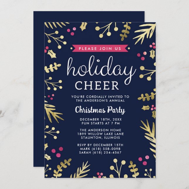 Christmas Holiday Cheer Navy Blue Party  Invitation (Front/Back)