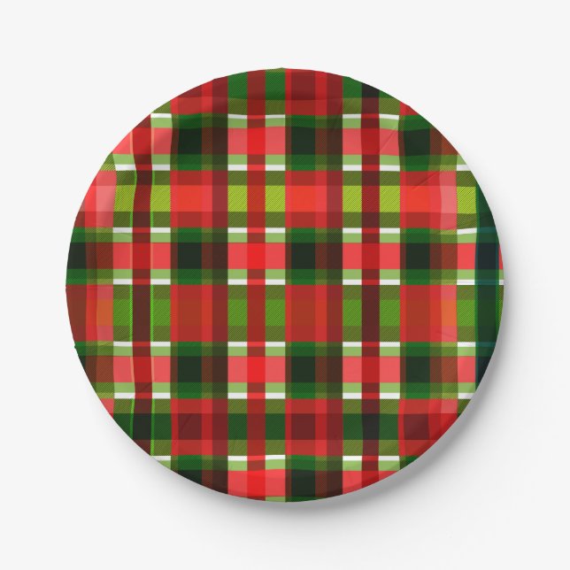 Christmas Holiday Chequered Squares Buffalo Plaid Paper Plate (Front)
