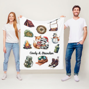 Christmas Holiday Couple Outdoor Fox Raccoon White Fleece Blanket