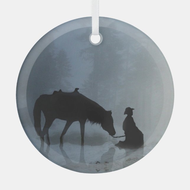Christmas Holiday Cowboy and Horse Glass Ornament (Front)